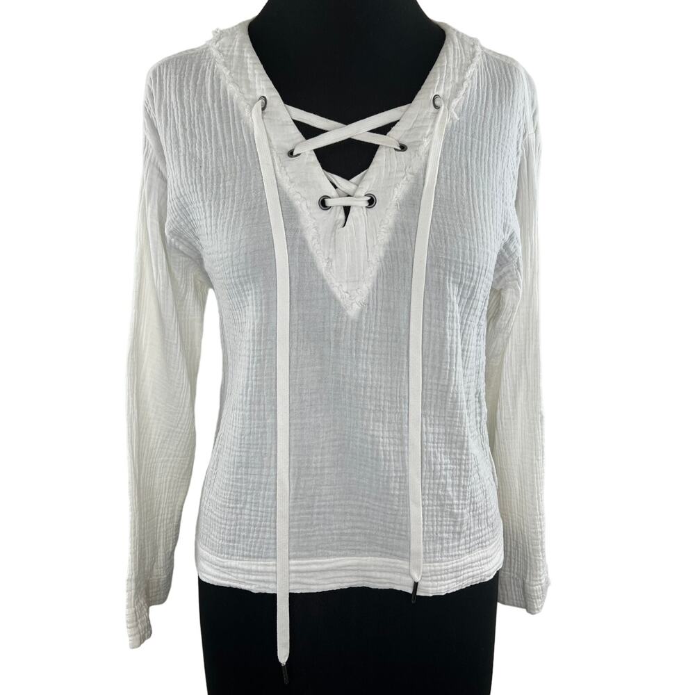 Cloth & Stone White Cotton Gauze Lace Up Neck Long Sleeve Top Blouse X-Small XS